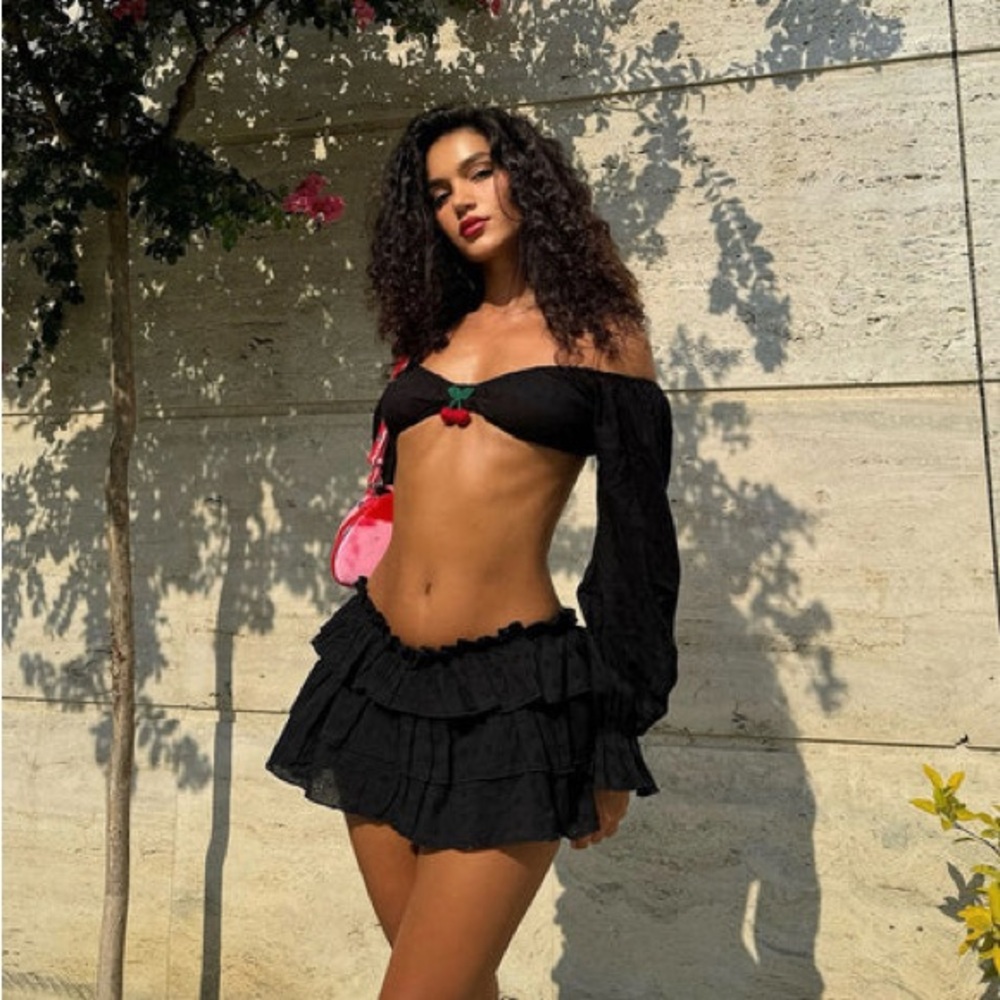 Fashion nova Cherry Drop Micro Mini Skirt Set Black eyelet off shoulder S *